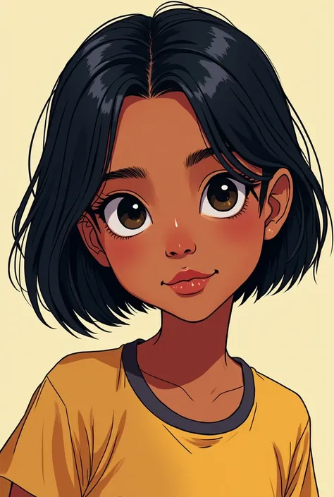 Girl with short hair parted in the middle and straight with a round face and dark skin color Latina Manga