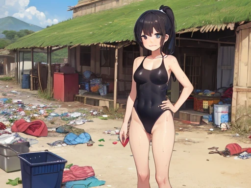 blonde,ponytail,1 girl,Black Hair,Red cheeks,sweat,smile,light blue leotard,High leg cut,barefoot,Small African village,Garbage is scattered everywhere,Standing,Big Breasts,