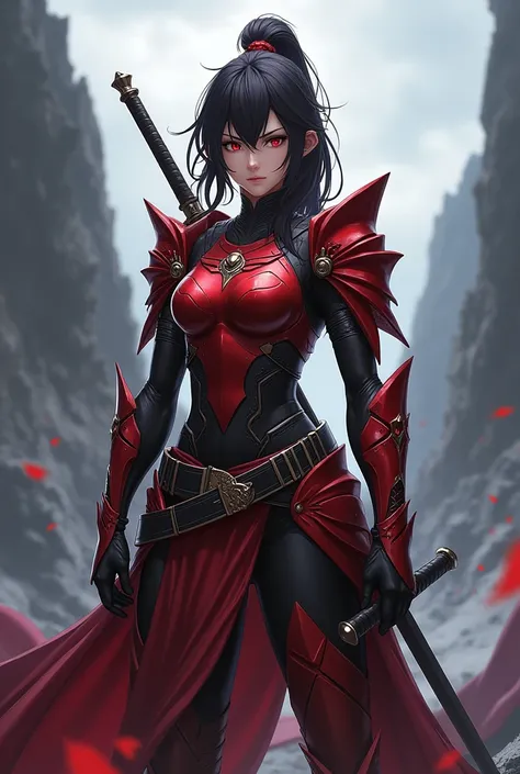 Noelle in Genshin Impact, wearing red and black armor, carrying a black sword behind her