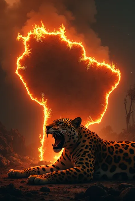 Illustrate the map of Brazil (only Brazil) on fire with a lot of smoke, inside a jaguar fallen on the ground burned, charred roaring in pain in despair, <xml><input>realistic</input></xml> 