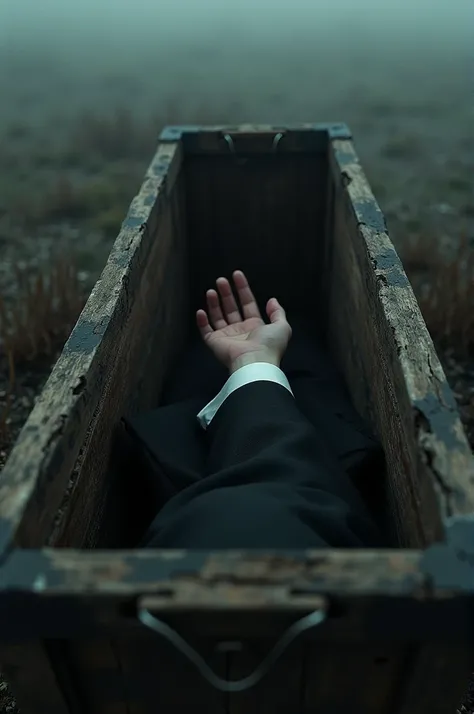 Draw a wooden coffin with the wooden door slightly open and the hand of the man who is inside the coffin and wearing a black pants suit is hanging from it. Make the picture as if it was taken from a distance of 4 or 5 meters from the coffin.