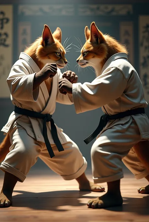 A two-legged kitten cat beastman、Wearing a karate costume、A scene of two kitten cat beastmen fighting with their fists together、Inside the Karate Dojo、Close-up images