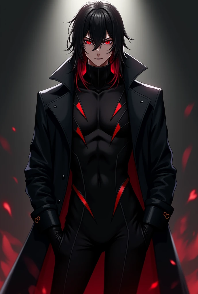 Sexy, handsome, dark skin, anime male character with long black hair with a deep crimson streak, has red eyes and wears a dark trenchcoat underneath is a sleek black bodysuit with Crimson accents ￼