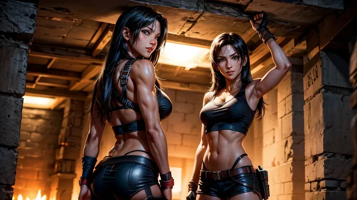 Tifa Lockhart, Lara Croft, facing, They smile, thumbs up, in ancient underground city