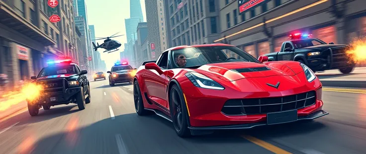 create a cover for youtube, The style will be from GTA 5 roleplay where the character is fleeing with his red car along with his 3 police companions, They are shooting backwards while being chased by police cars and helicopters in an illustrated GTA style ...