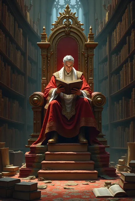 Throne made of books where a man is on the throne reading a book