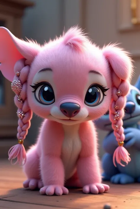 Crée le personnage du stitch rose du dessin animé Stitch de Disney avec deux nattes avec des paillettes. En arrière plan, il y a le personnage de Stitch en train de tirer sur une de ses nattes pour lembêter. Rendre le tout réaliste 