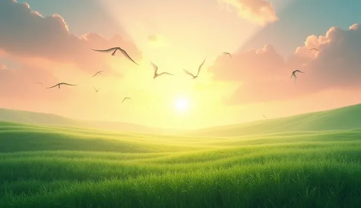 Radiant dawn over a lush green field Image of a vast green field with a light mist dissipating at dawn. the sun is rising, pouring a soft golden light over the landscape. The sky has shades of pink, orange and soft blue, representing the beginning of a new...