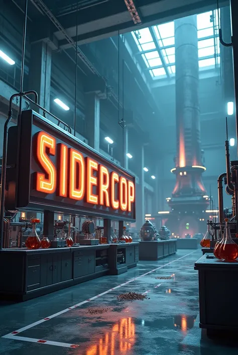 a written banner " Sidercop " in 3D in the laboratory , with a steel mill furnace behind, and realistic floor lab solutions 