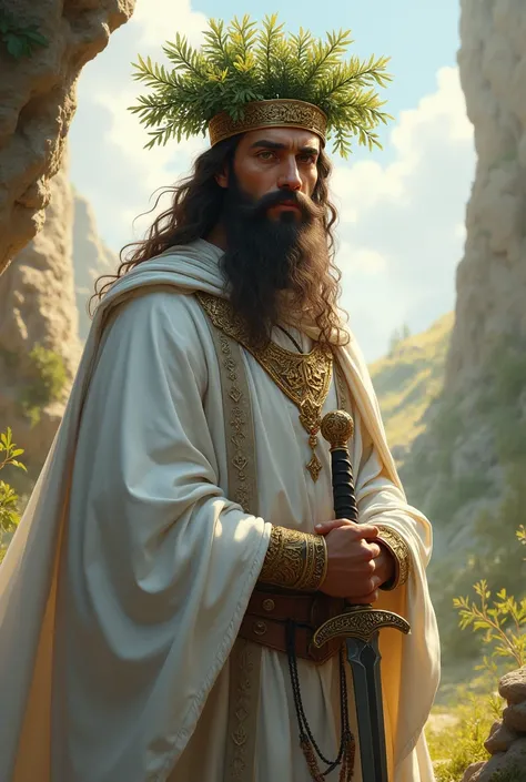 HANDSOME, MEDIEVAL MUSLIM KING,TURKİSH KİNG, AZERBAİJANİ KİNG,LONG HAIR, SLIGHTLY SLANT EYES, LIGHT BEARDED , POPLAR ON HIS HEAD, A WHITE DRESS, AND A SWORD IN HIS RIGHT HAND 