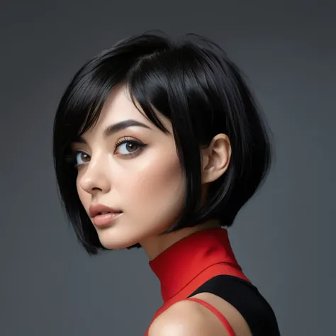 2 woman, big, slanted eyes, short black bob hair, square face, ((Photo realistic)) ((masterpiece)) ((full body)), detailed body, slender body, small breasts, long legs. Woman profile photo, looking up.