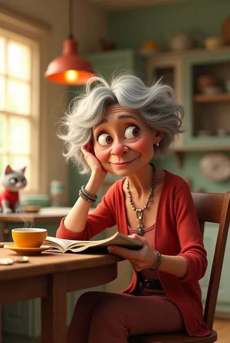 Pixar style,aged woman,brown eyes , wearing glasses,unruly and messy hair, casual layered outfits in shades of red, necklace with pendant, Various bracelets, relaxed pose, sitting, holding a steaming cup of coffee, the other hand supporting the head, looki...