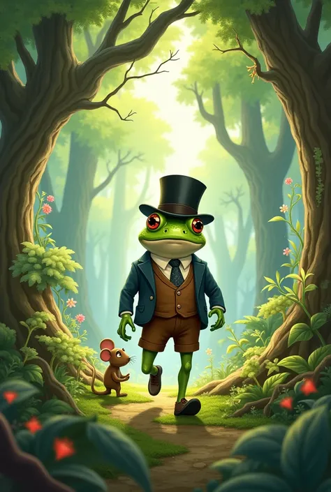 This frog with a hat, a suit and brown shorts walks with a mouse through the forest.
The frog is only a little taller than the mouse. 