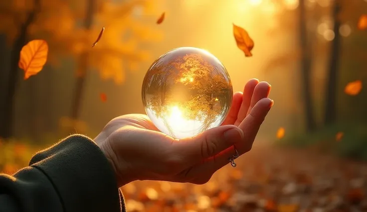 An elderly hand delicately holding a crystal sphere, enveloped in bright golden light. The background should have autumn elements with golden leaves.