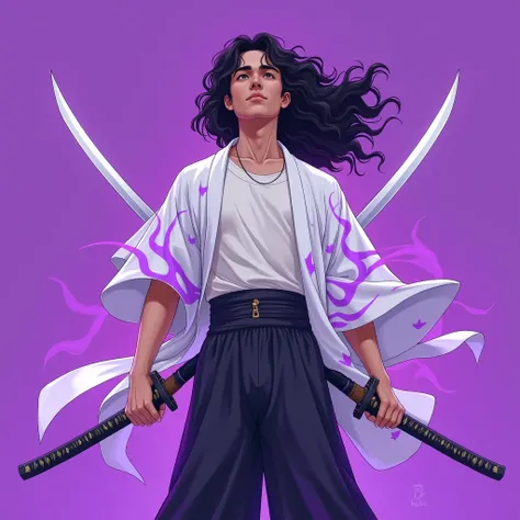 a young man swordsman using two swords looking up sideways with brown skin,
brown eyes,
long black hair loose and curly He wears a white kimono with purple flames, with a white t-shirt underneath, a pair of basic black pants and a pair of wooden Japanese s...