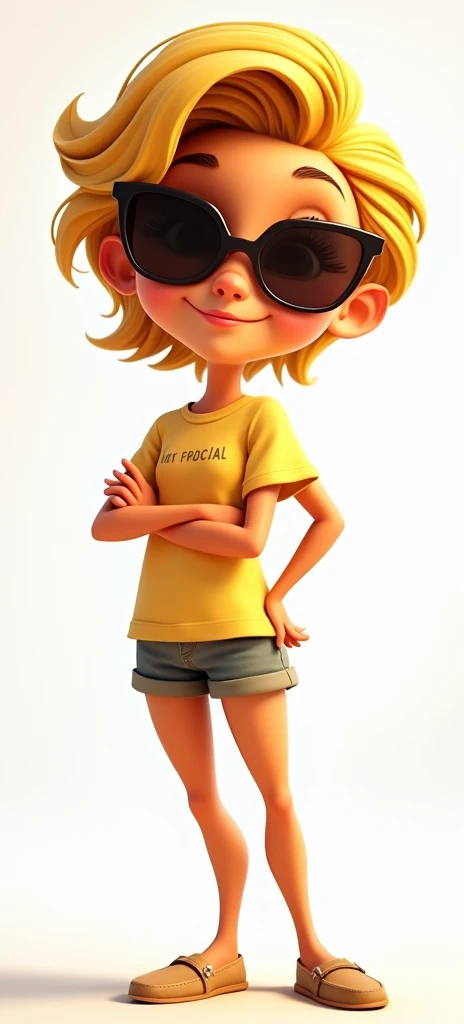 a cartoon image of a golden character with sunglasses, depicted as a pixar character, pixar character, ideal pixar character, as a pixar character, cool, confident, golden skin, golden short hair, smiling, character is in his natural pose, full body, pixar...