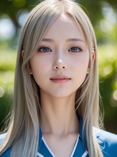 a beautiful 20yearsold young woman with long, shining platinum blonde hair that reflects the light, wearing a (Hinatazaka46 uniform:1.5), with a bright and (beautiful smile:1.0), flawless and glowing skin, large clear blue eyes, balanced eyes,and bangs acr...