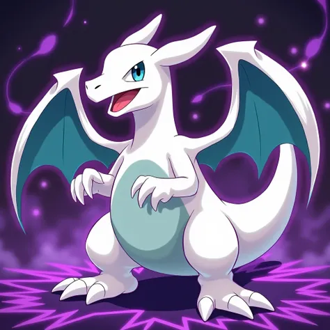 An anime-style white Charizard with a ghost-type. The Charizard has a purple and black background with abstract patterns. The image has design with shiny and shadow effects. The image is zoomed out.