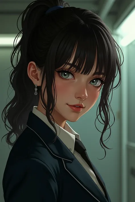 Brunette police detective woman with dark wavy hair tied up and bangs,light eyes thin body