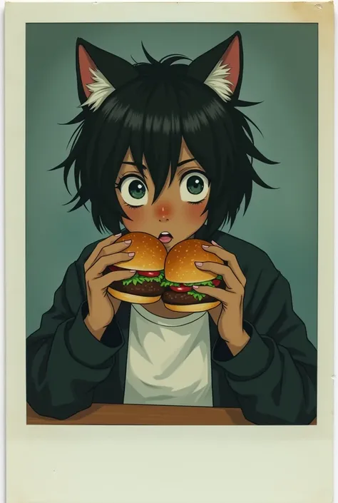 A dark-skinned and brown-skinned teenager with wolf ears, short hair, a small black jacket open in the middle, and a white top covering her breasts, eating two burgers at once, drawing in polaroid photo format
