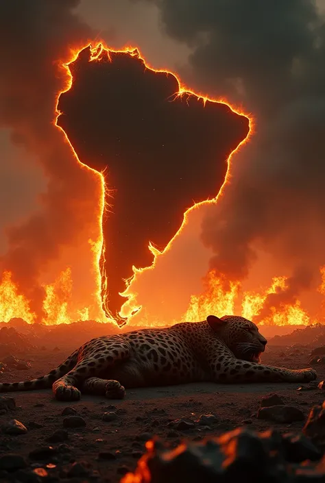 Illustrate the map of Brazil , only Brazil in flames with a lot of smoke, inside a jaguar fallen to the ground dead and burned, carbonized, horror scene, <xml><input>realistic</input></xml> 