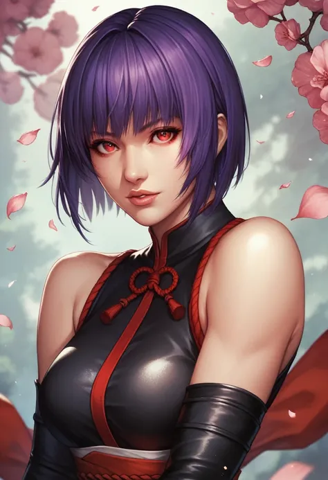 Ayane from dead or alive, a japanese female ninja wearing a black bodysuit, sleeveless, black pants, detailed eyes, detailed nose, detailed lips, purple hair, short bob with bangs, red eyes