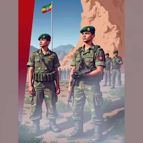 Ethiopian military personnel typically wear camouflage uniforms. The design often includes shades of green, brown, and beige. They may also have insignias representing their rank and division on their uniforms. with Ethiopian flag and landscape.