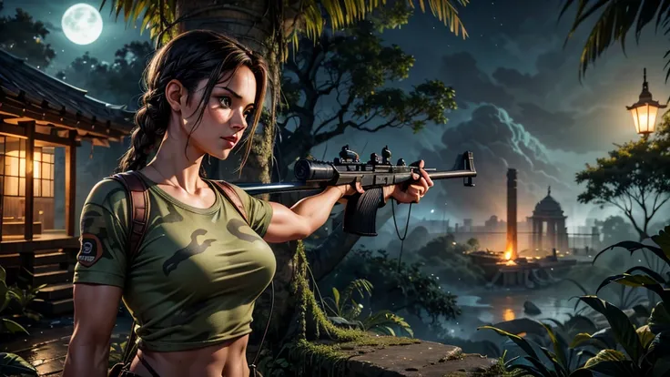  Lara croft with braid and guns in short sleeve camouflage clothing, in deep jungle, night, fog, look towards ancient temple in the distance, a tiger in a corner in the background, a python snake hanging from a tree branch