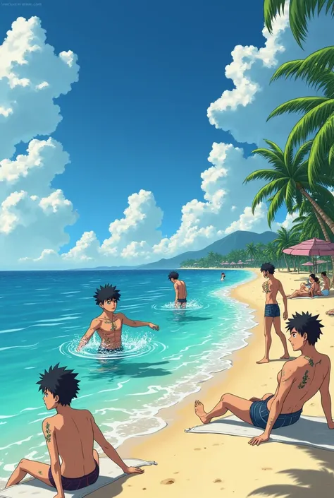 Chrollo Lucilfer from Hunter x Hunter anime swimming at the beach with his spider gang