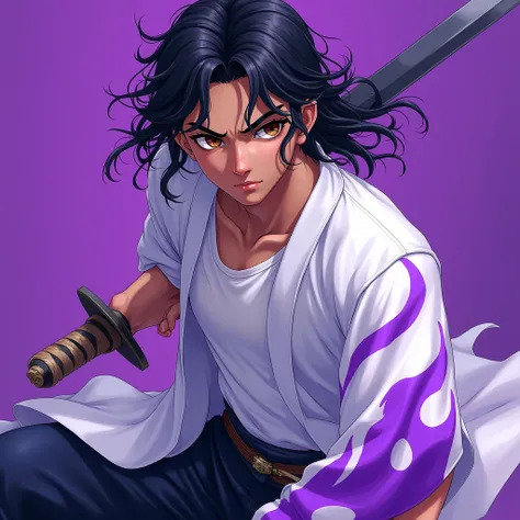 Just from the shoulder up a young man swordsman who uses two swords looking up sideways with brown skin,
brown eyes,
long black hair loose and curly He wears a white kimono with purple flames, with a white t-shirt underneath, a pair of basic black pants an...