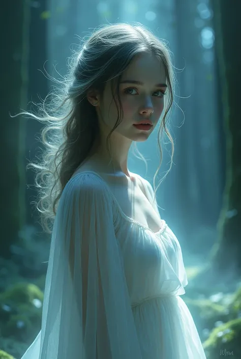 A ghostly girl, ethereal and translucent, delicate features, long flowing white dress, pale skin, captivating eyes, flowing hair, eerie atmosphere, cinematic lighting, dramatic shadows, moody tones, fantasy art, cinematic composition, highly detailed, digi...