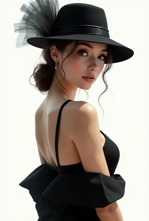 a detailed portrait of a beautiful girl in a black dress and hat, looking back over her shoulder, set against a white background, with ultra-detailed and realistic rendering, masterpiece quality, eye highlights, 8620 uniform