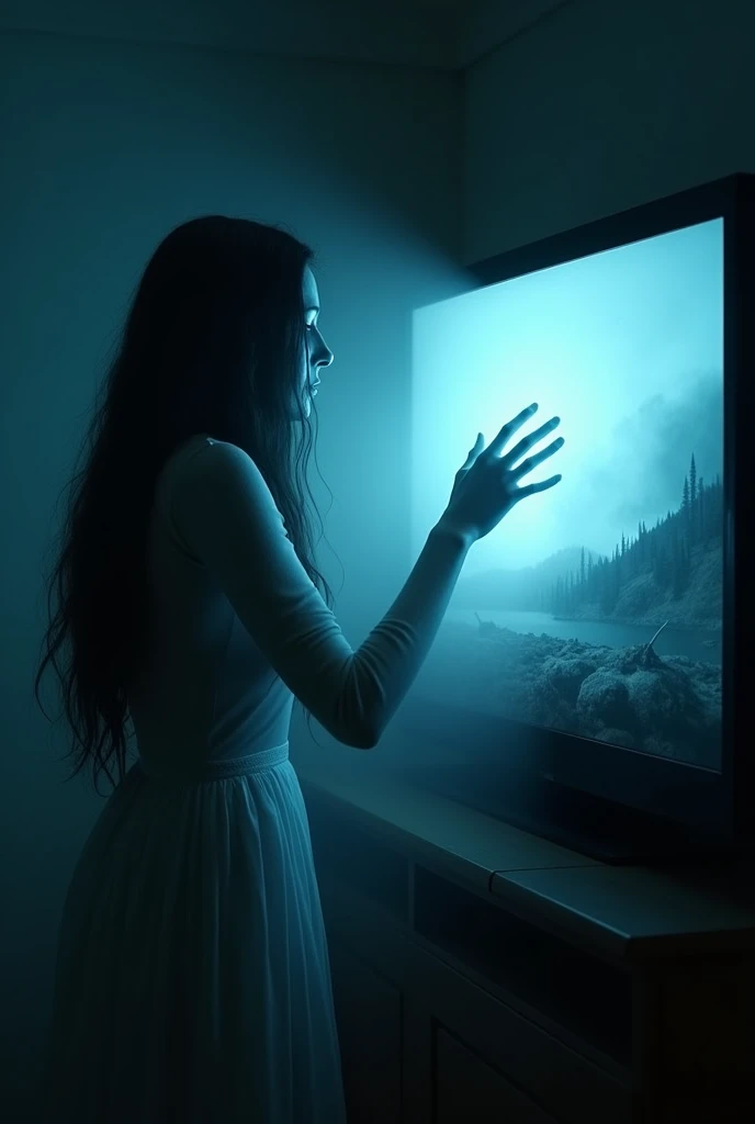 In a terrifying scene, A ghostly figure emerges from a television screen. The figure is a woman with a spectral appearance, with long, dark hair partially covering her face. His skin is pale and sickly, almost translucent, as he slowly crawls out of the TV...