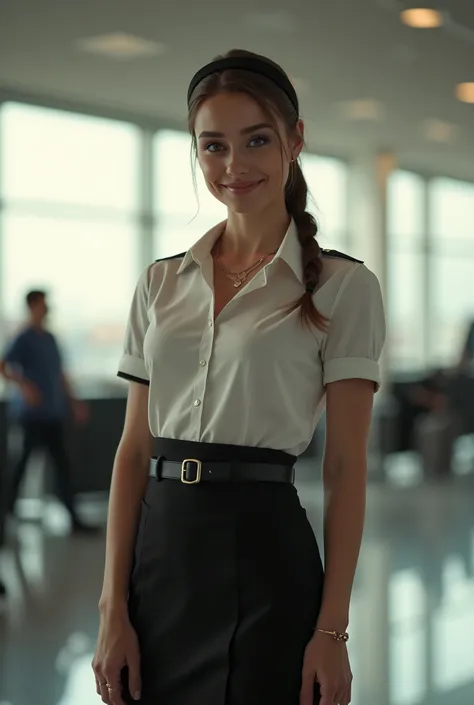 Realistic upper body portrait of 1 young german brunette Flight Attendad aged 20, ponytail, Hairband, necklace, smile. She stand in front of the camera in a Uniform with pencil skirt... Airport ,glamour fotoshooting, beautiful female houreglass body, perfe...