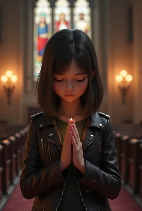 Fille 14ans (Realistic) leather jacket, she prays at church 