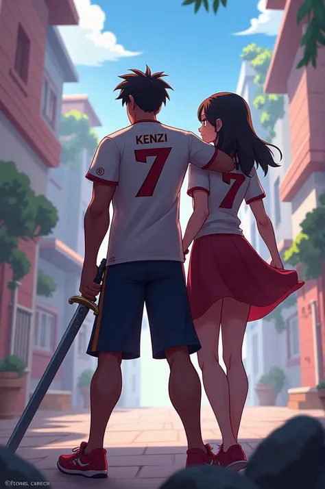 An mlbb character name ling wearing no 7 jercy and Kenzi written on back . Standing with a girl holding shoulder and a sword and classic animated wallpaper.