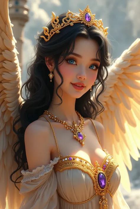 Very detailed, Ultra-high resolution, High Contrast, masterpiece, realistic, Heavenly castle scene, pretty female angel, sexy face, blue eyes, black hair, detailed angel maiden, golden angelic gown pale skin, cute smile, light hearted, commanding, perfect ...