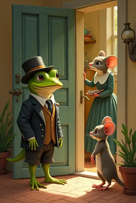 This frog in a suit, hat and shorts, Together with his mouse friend they arrive at the house of a mouse lady, who kindly opens the door for them. 
The frog has no ears or whiskers.
They are looking at Mrs. Mouse, and Mrs. Mouse watches them at the door .