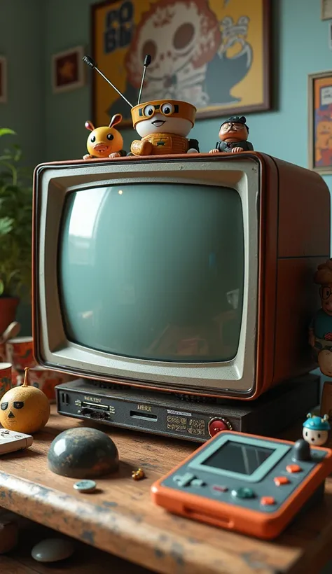 An old TV on the table with nerdy anime objects from the 90s around it 