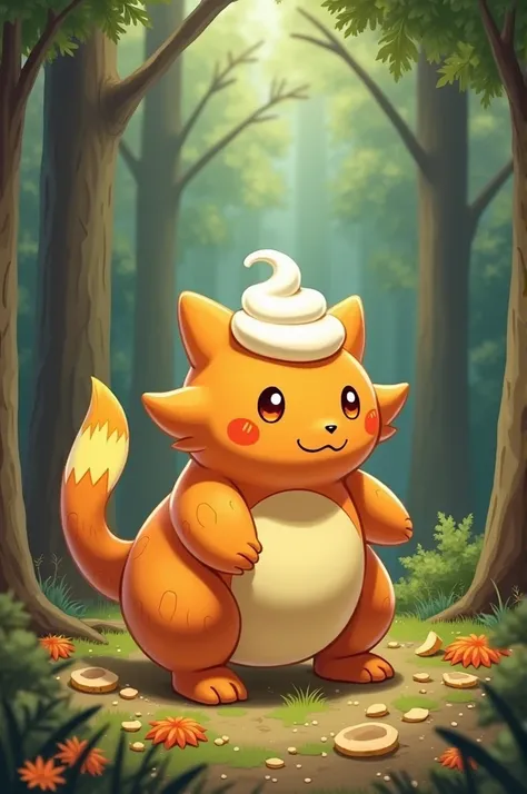 Make a Pokémon that looks like a piece of pumpkin pie, surrounded by pine trees with coconut shavings on top