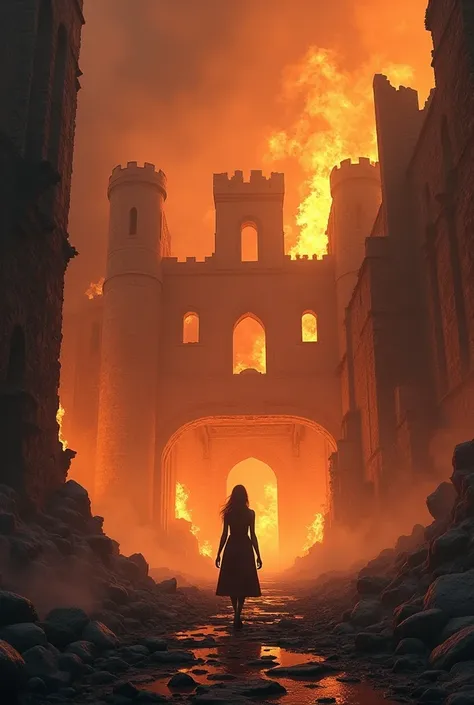 Create an image of a beige and pink ruined castle that is on fire and that shows a silhouette of a woman leaving a crown on the ground and leaving the place. 