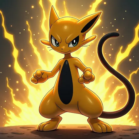 Makes Mewtwo perfect, just like Mewtwo from the Pokémon anime but electric type, make it yellow with black, Poster type Masterpiece, 