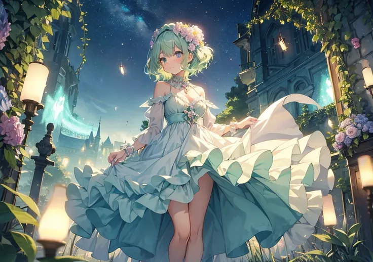 A charming girl with mint green hair that flows gently around her shoulders, dressed in a soft, ruffled lavender gown. Her thin legs peek out from under the dress as she holds a glowing crystal ball, standing in a fairy-tale garden where fireflies dance an...