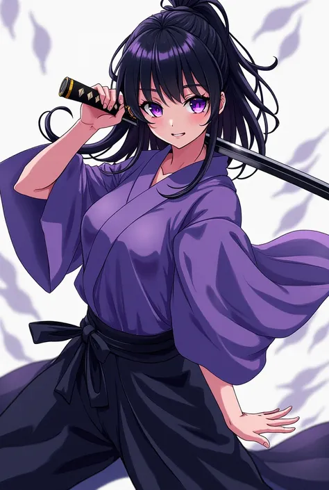 What would she look like called Tsuki 

*With black hair with some purple strands that almost cover her eyes, with bright purple eyes with her purple Kimono and black hamaka*

Manga type He is holding his katana 