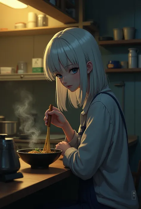 A white-haired person eating ramen at a counter looking at the camera, In the background there is a kitchen with a depressive and lonely atmosphere and yellow lights on in the background THAT THE PERSON IS LOOKING AT THE CAMERA (show a little more of the k...