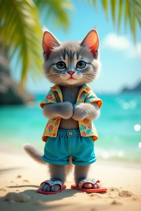 a cute gray kitten wearing blue shorts and a ciano flowery blouse, wearing flip-flops on his feet, he is standing on his hind legs, seen from the front, full body. The background is a beautiful Caribbean beach. photographed with a Canon EOS-1D X Mark III, ...