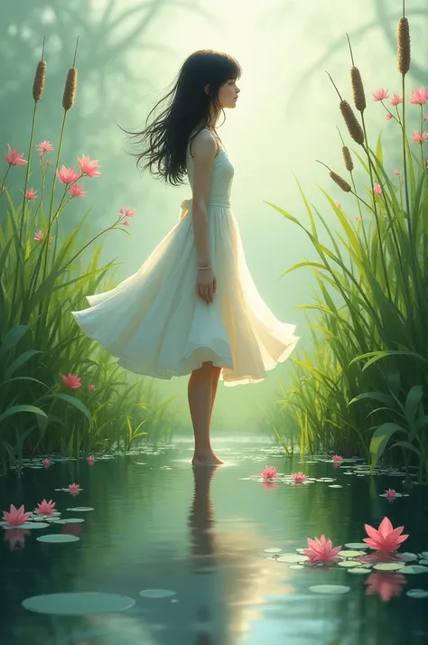 A girl in a white skirt in the middle of a marsh with pink flowers