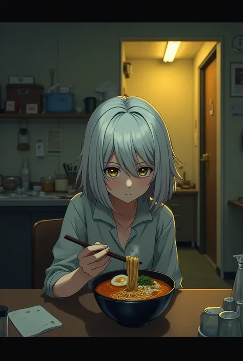 A white-haired person eating ramen at a counter looking at the camera, In the background there is a kitchen with a depressive and lonely atmosphere and yellow lights on in the background THAT THE PERSON IS LOOKING AT THE CAMERA (show a little more of the k...