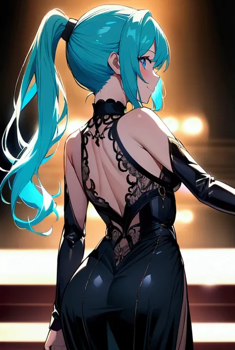 Anime woman , long turquoise hair،pony tail,turquoise eyes, High accuracy, I smile, Anatomy is correct, Best quality, precise, rear view,  On stage at night