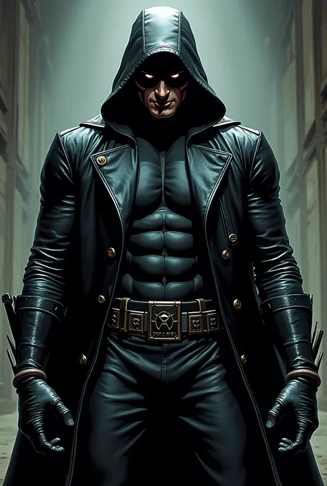 (Panorama) In a serious, comic book style. The Complete Look of the Supervillain, Tkacz nosi czarny, leather jumpsuit with hood, which covers his face, leaving only the eyes visible through narrow slits. He has surgical gloves on his hands., and his tools ...